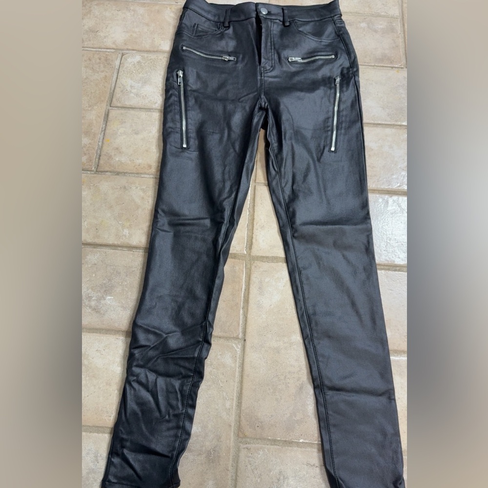 Black Faux Leather Pants with Zipper Details